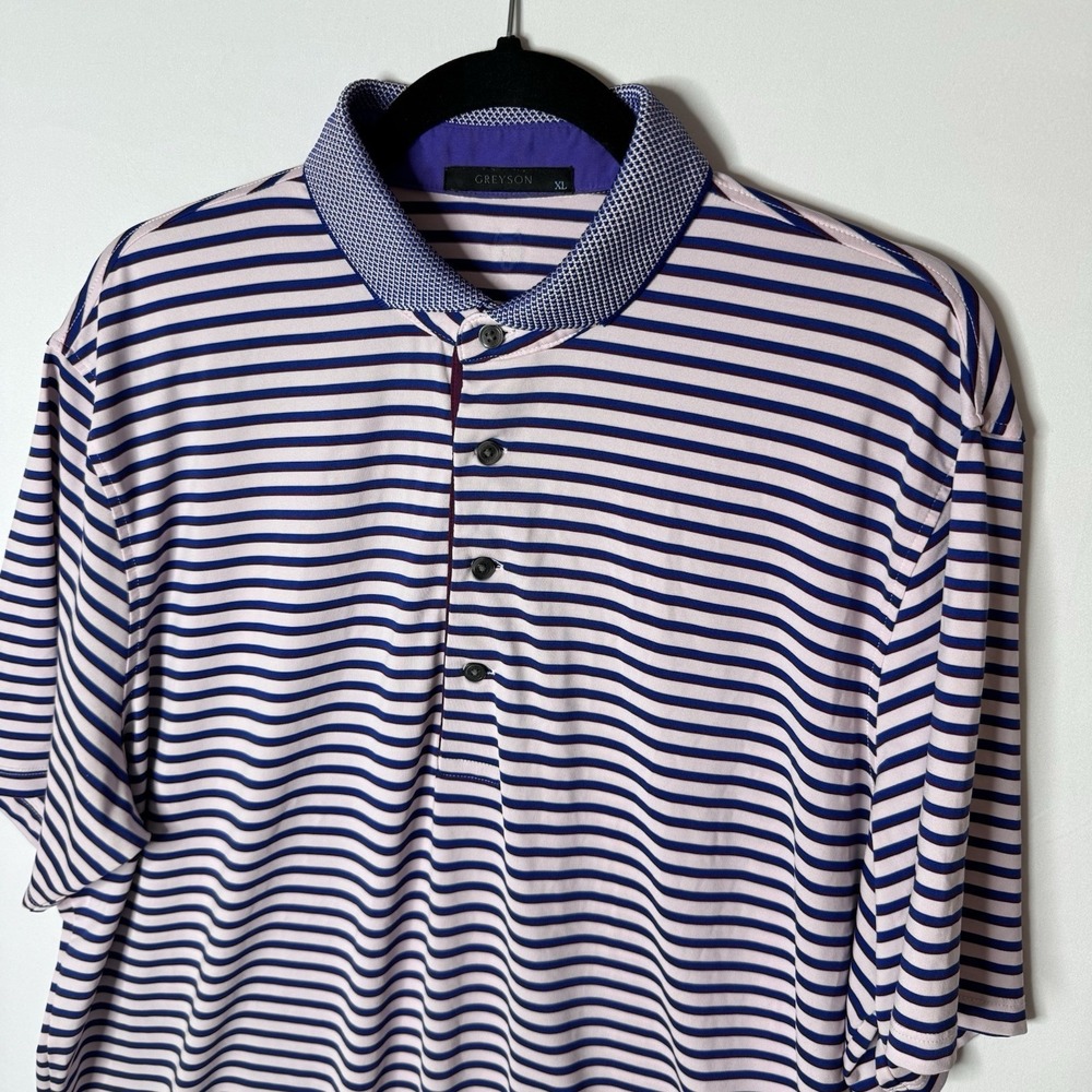 Greyson Polo Shirt Sz XL Golf Performance Knit Collar Pink Blue Striped Stretch